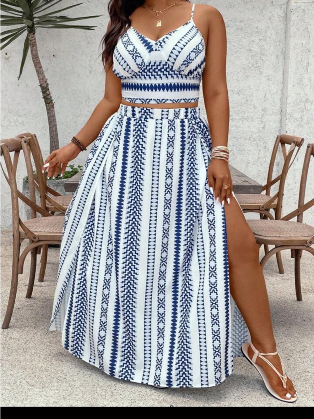 SHEIN 2 piece Blue & White Striped Maxi Skirt - with top size 1xl